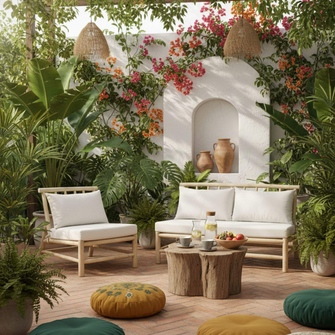 Outdoor setting featuring the Batang One Seat Sofa without armrest made from natural teak branch.