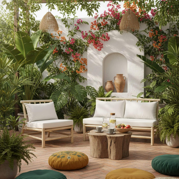 Outdoor setting featuring the Batang One Seat Sofa without armrest made from natural teak branch.