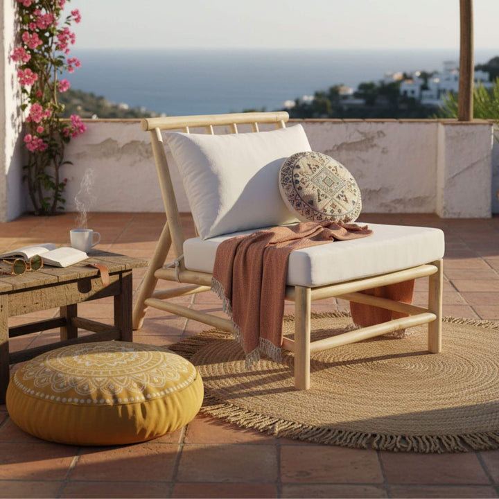 Outdoor setting featuring the Batang One Seat Sofa without armrest made from natural teak branch.