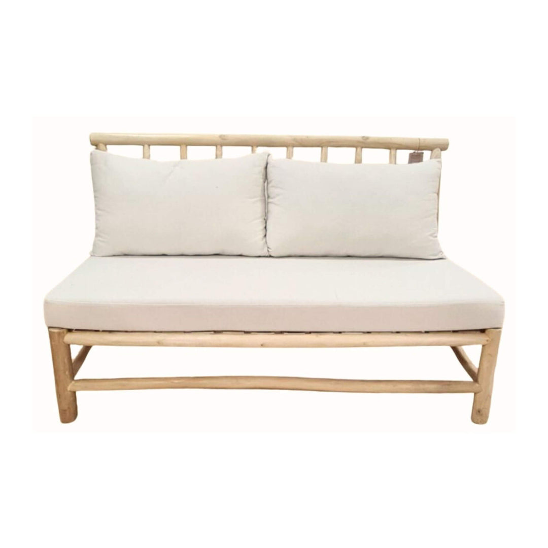 Front view of Batang Sofa Without Armrest displaying teak branch frame and white cushions.