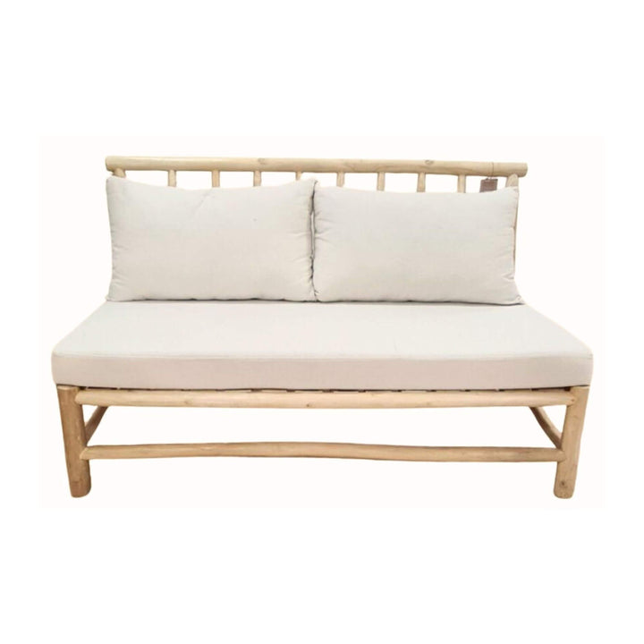 Front view of Batang Sofa Without Armrest displaying teak branch frame and white cushions.
