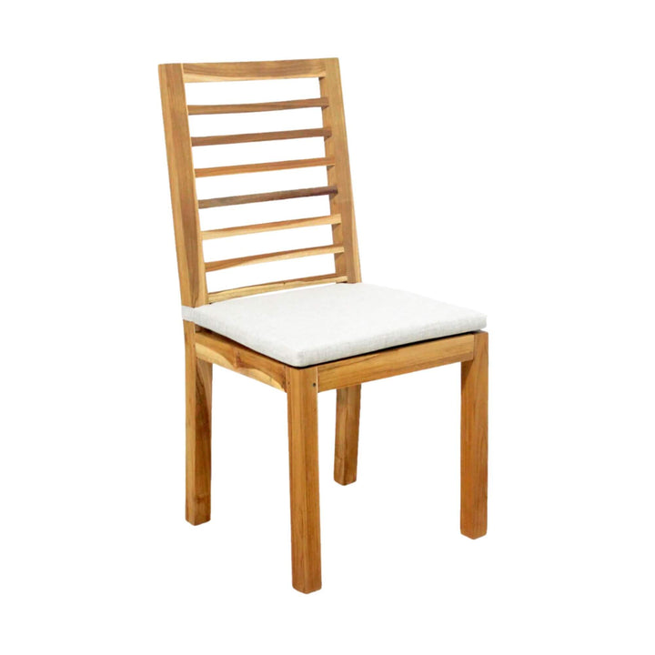 Side three-quarter view of Batanta Teak Dining Chair in natural teak wood.

