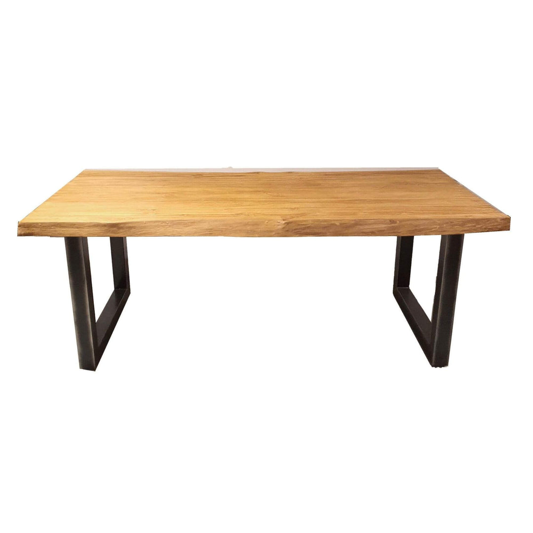 Front view of Batauga Teak Wood Dining Table showing solid teak top and rectangular iron legs.