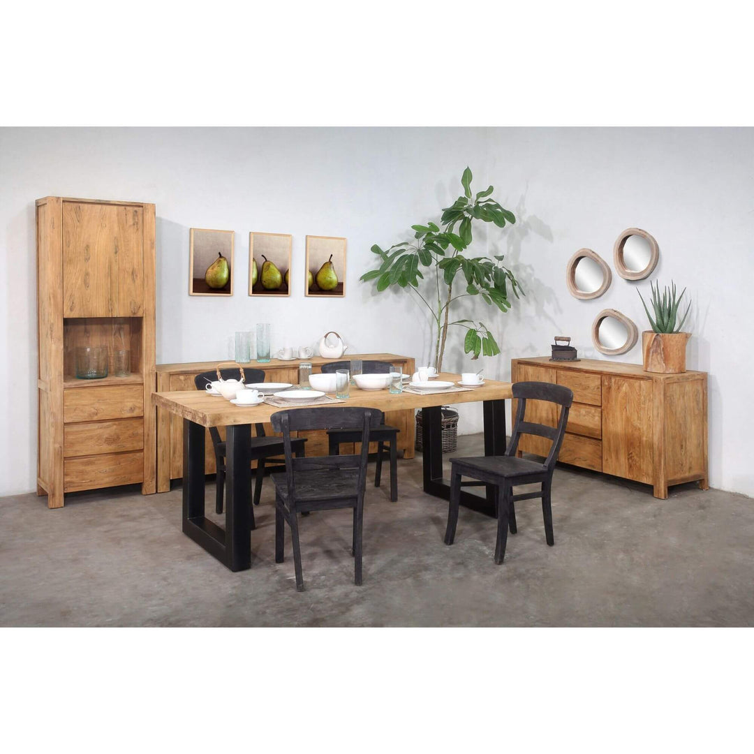 Batauga Teak Wood Dining Table styled in a dining room with matching teak furniture and décor.