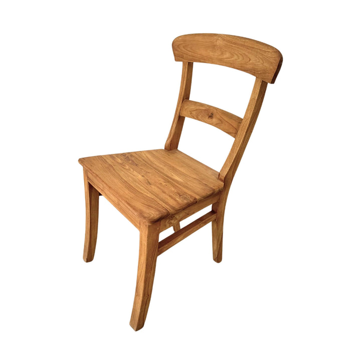 Batauga Teak Round Dining Chair in natural teak wood shown in three-quarter angle.