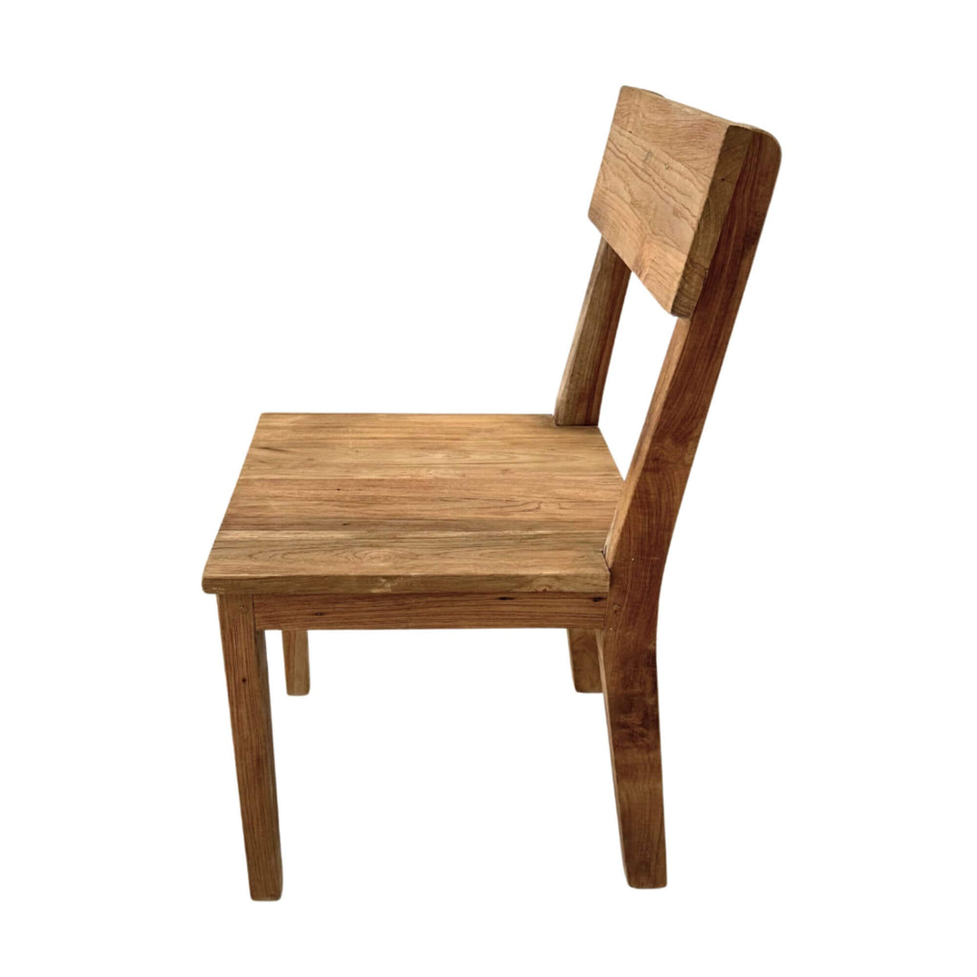 Side profile of Batauga Teak Wood Dining Chair highlighting seat and back angle.