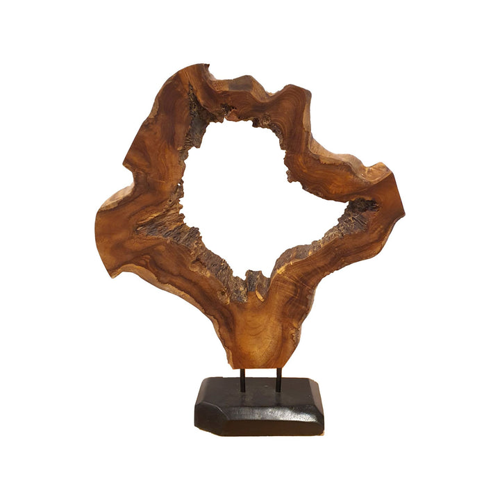 Teak figure stand with irregular open center on a black base against white background.