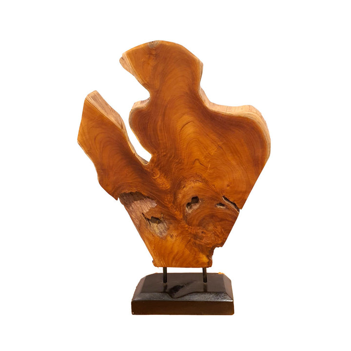 Front view of organic teak figure stand on a black wooden base.