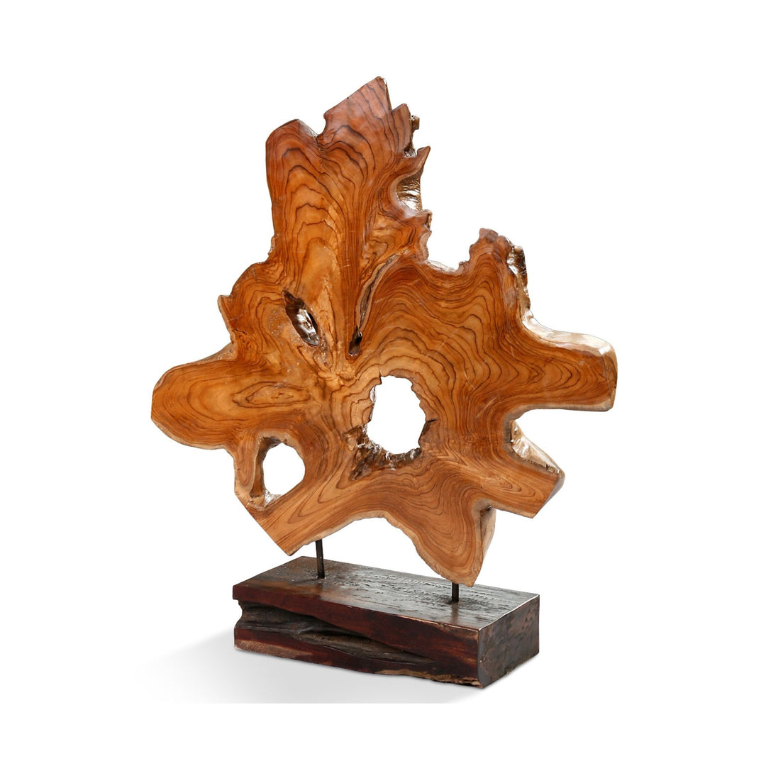 Teak figure stand with irregular open center on a black wooden base