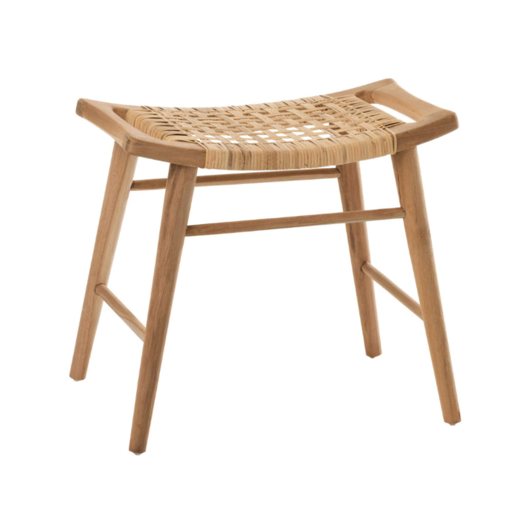 Angle of Bawean Stool displaying teak frame and rattan weave.