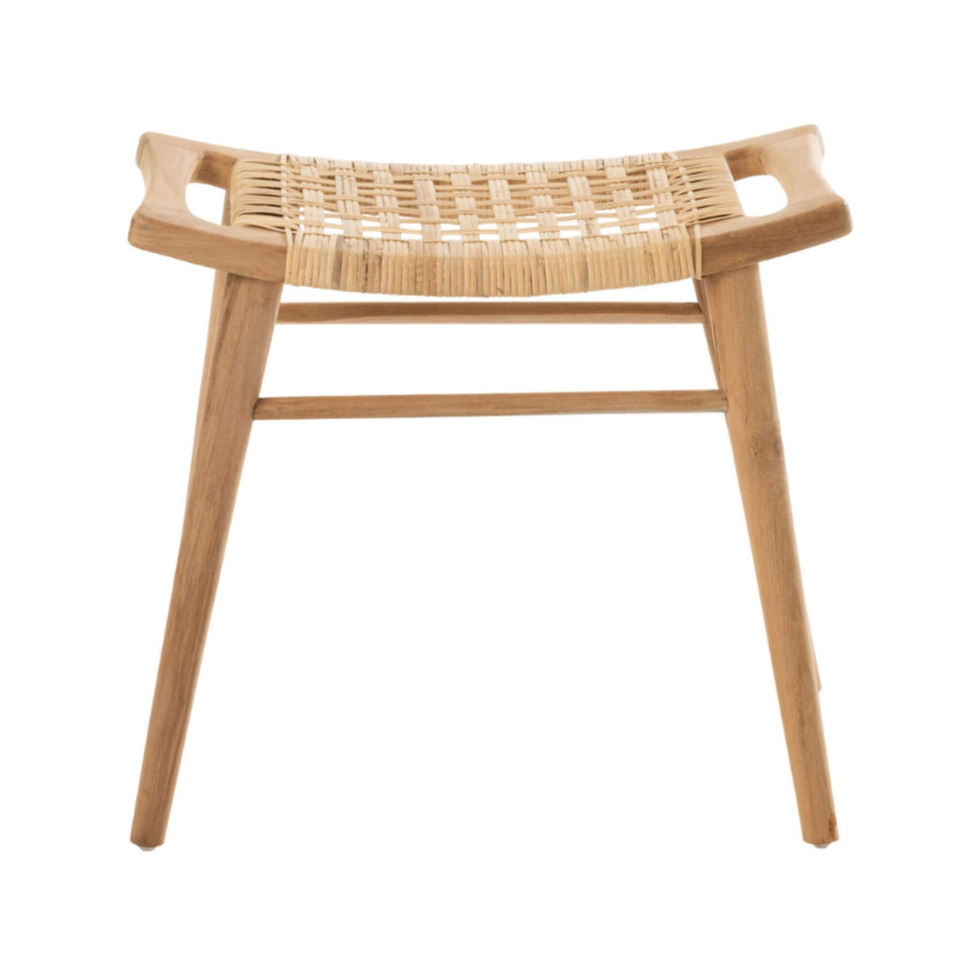 Front view of Bawean Stool with handwoven rattan seat pattern.