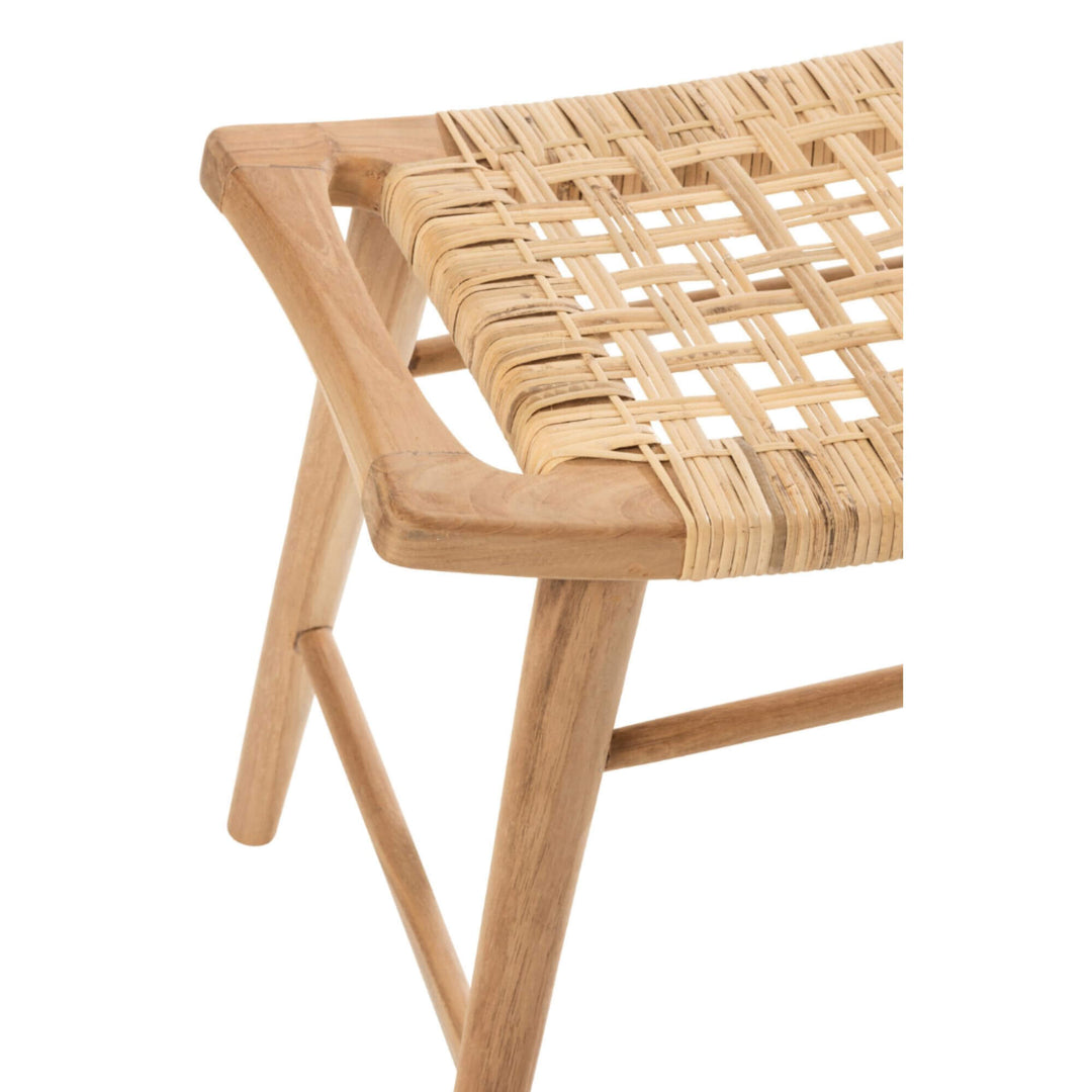 Bawean Stool showing teak wood structure and woven rattan seat in close-up.