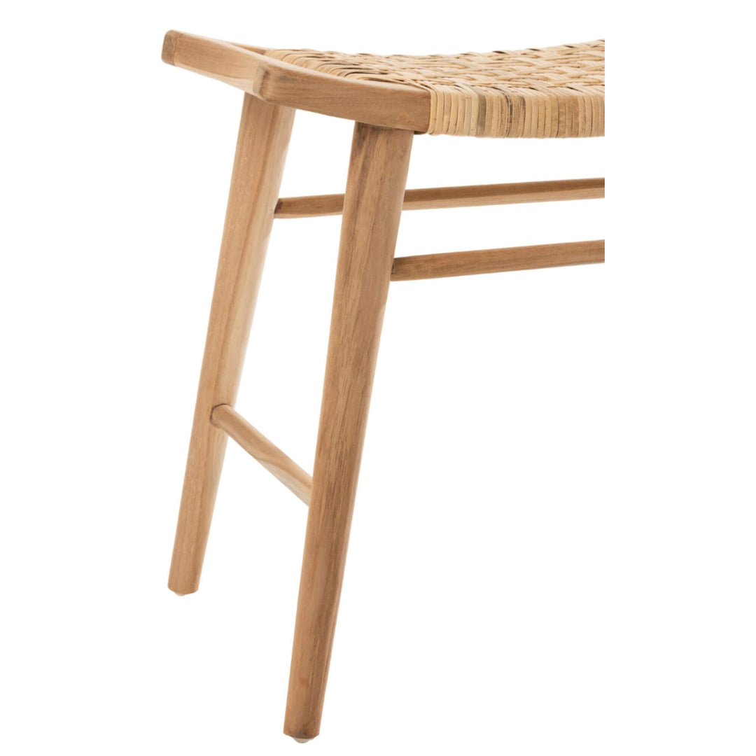 Side angle of Bawean Stool highlighting natural teak legs and curved seat.