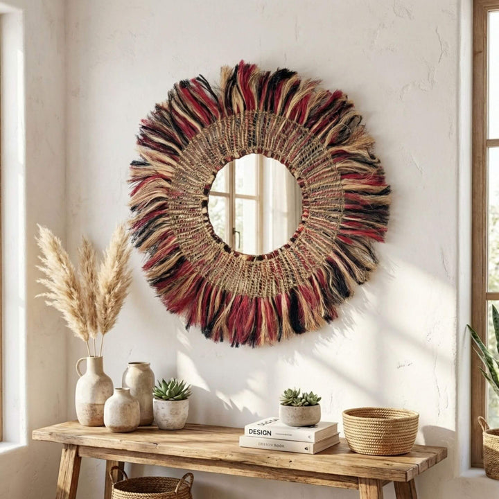 Decorative Bayu mirror with colorful fringes on a wall above a wooden console table.