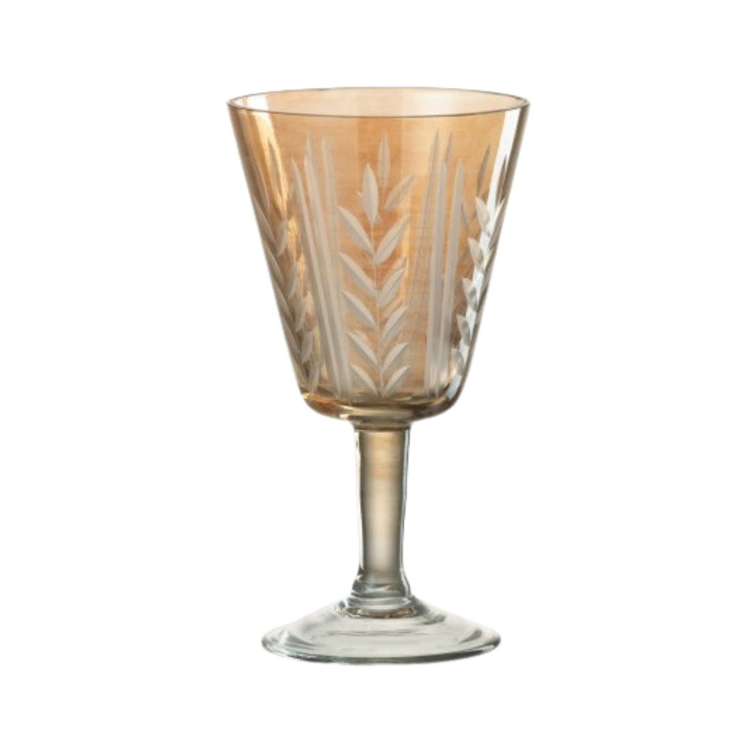 Single Bazaruto Beige glass cup with flared bowl and etched detailing.