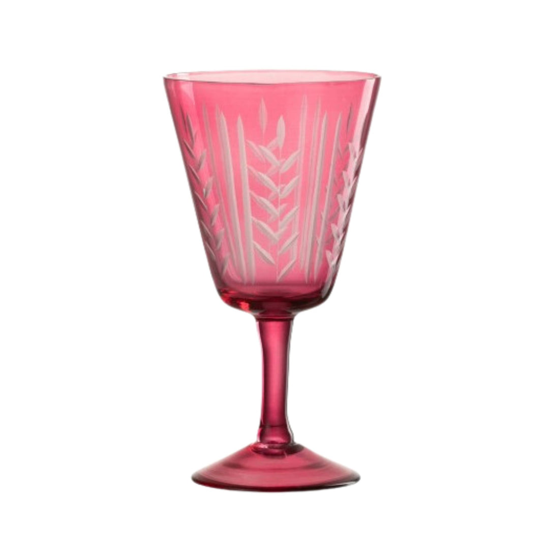Single Bazaruto Pink glass cup showcasing its etched decorative motif.