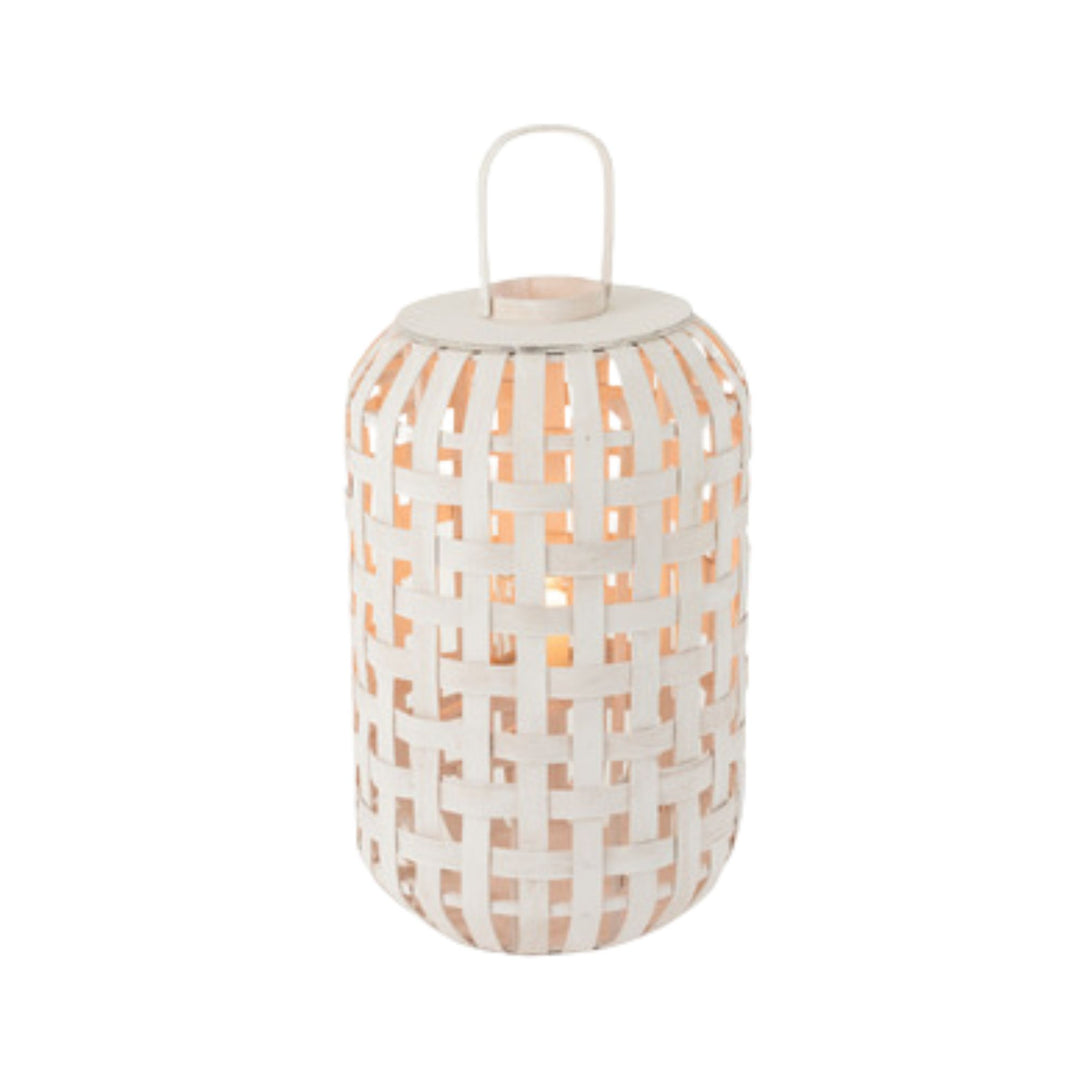 Beach lantern isolated on white background highlighting its open lattice design and handle.