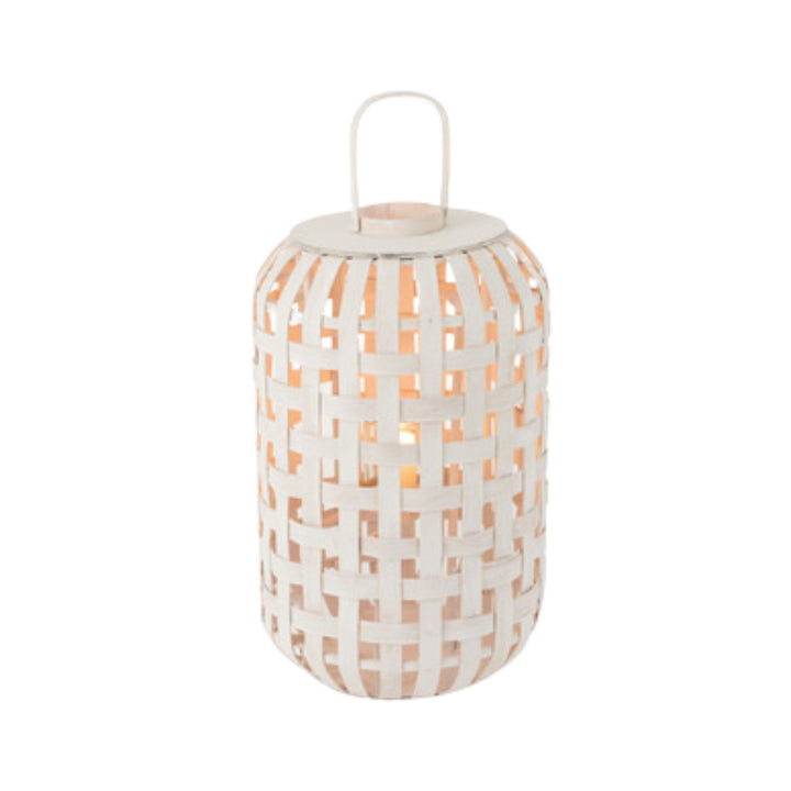 Beach lantern isolated on white background highlighting its open lattice design and handle.