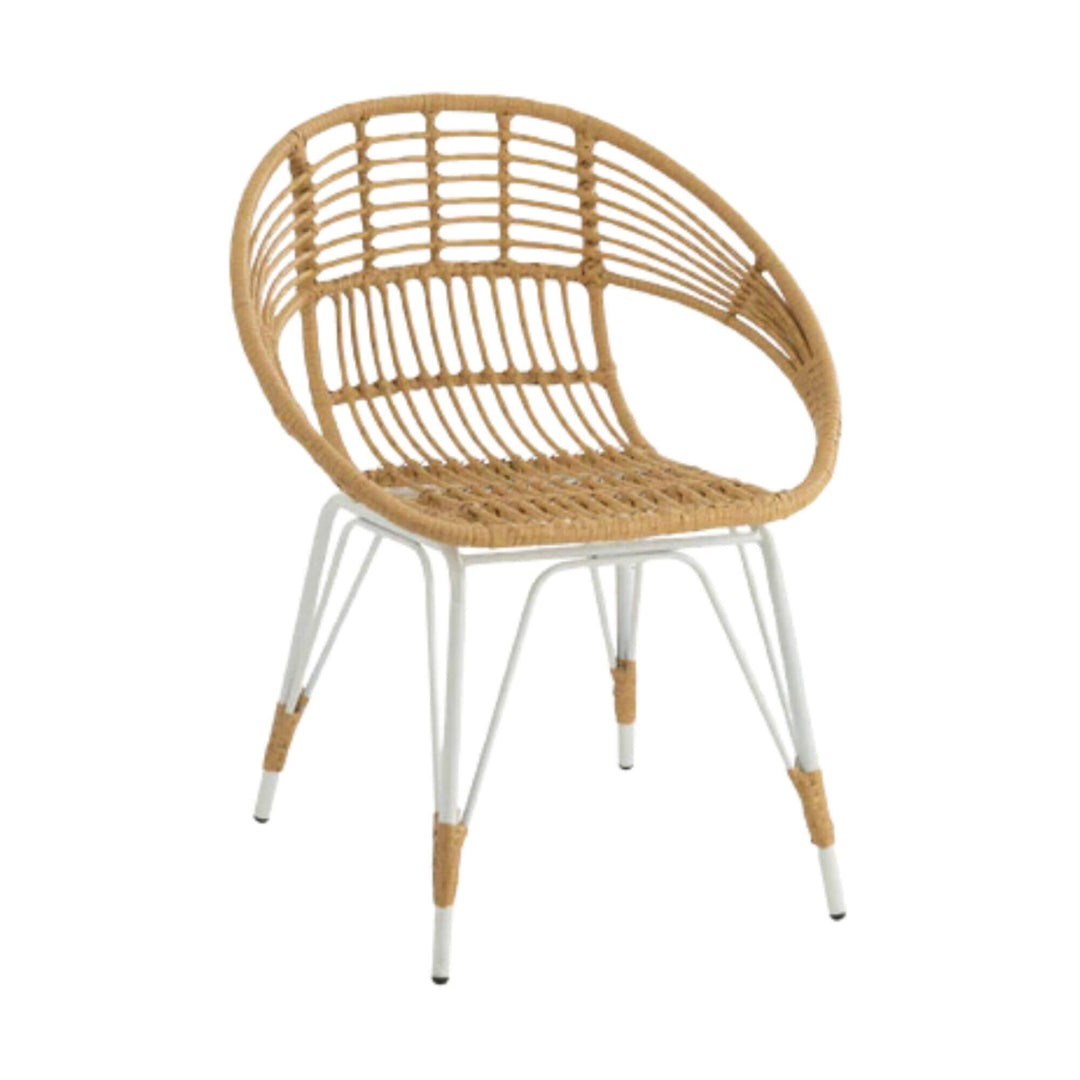 View of Beach Chair in synthetic rattan with white metal base.