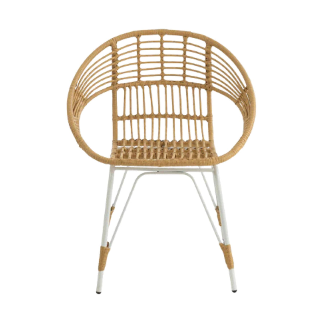 Front view of Beach Chair with curved rattan back and seat on white frame.