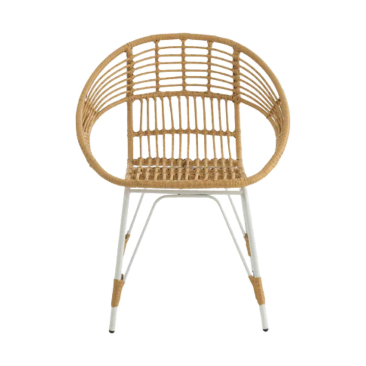 Front view of Beach Chair with curved rattan back and seat on white frame.