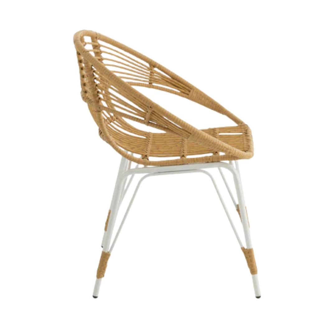 Side profile of Beach Chair with open rattan weave and slender legs.