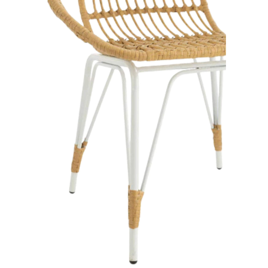 Close-up of Beach Chair white metal legs with wrapped synthetic rattan detail.