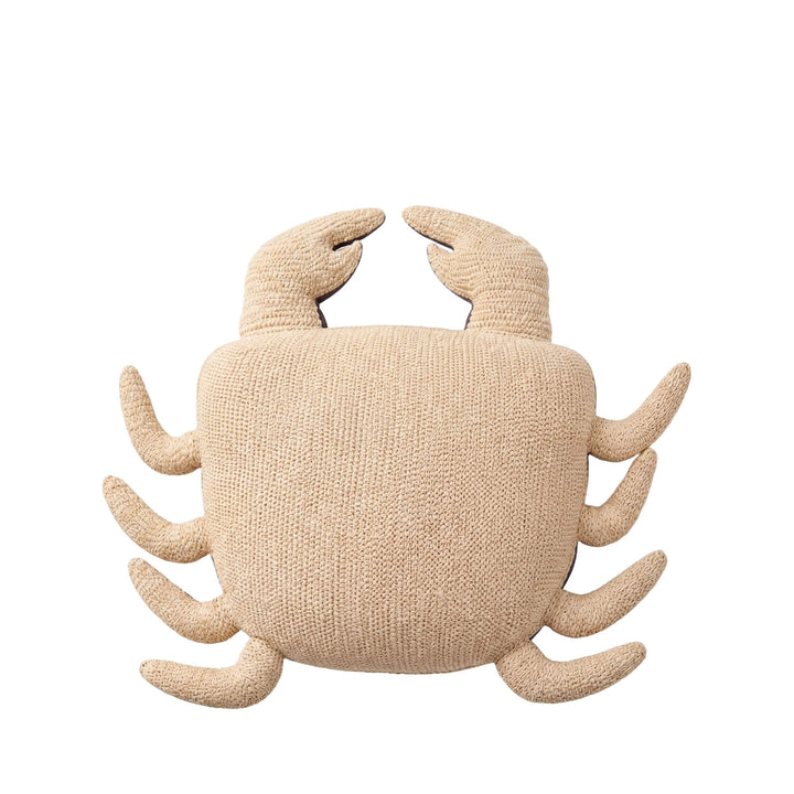 Front view of the Beach Crab outdoor cushion showing its woven crab shape in natural tones.