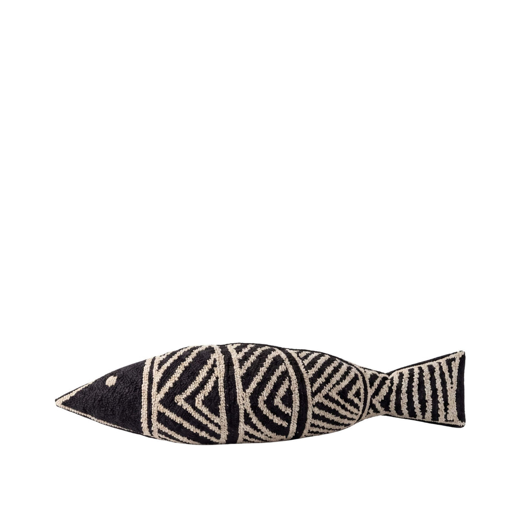 Front view of the Beach Fish outdoor cushion showing its woven fish shape in natural and black tones.
