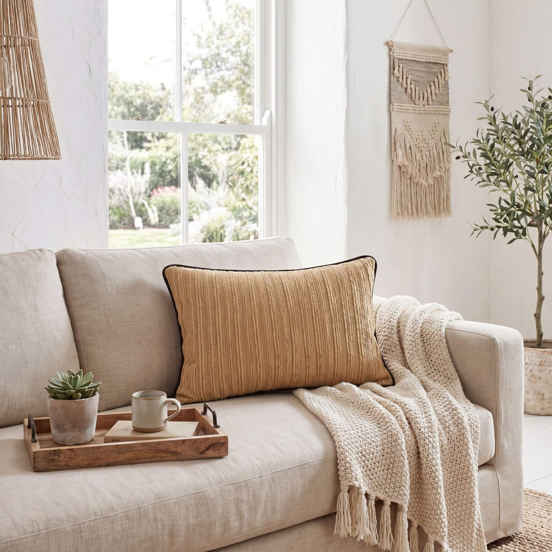 Styled interior setting featuring the Beach Natural cushion on a sofa with soft neutral textiles.