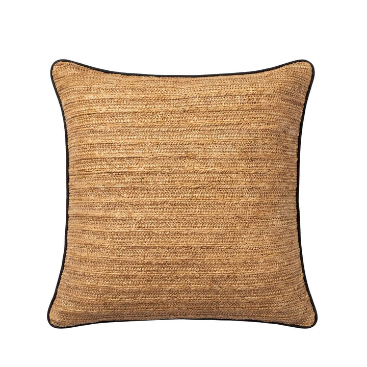 Front view of the Beach Natural cushion showing its square woven texture and dark contrast edging.