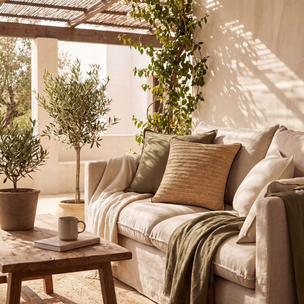 Front view of the Beach Natural cushion showing its square woven texture and dark contrast edging.