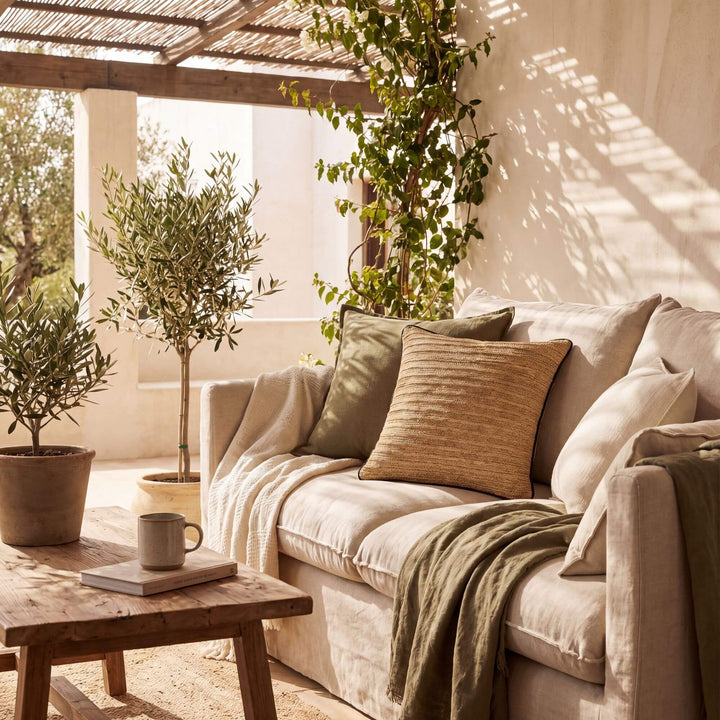 Front view of the Beach Natural cushion showing its square woven texture and dark contrast edging.