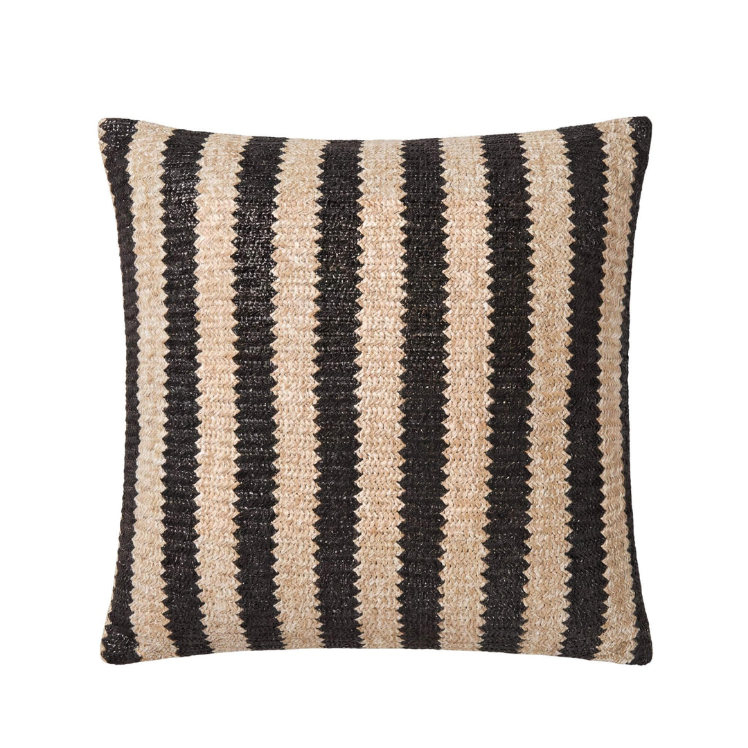 Front view of the Beach Stripe outdoor cushion showing its woven striped pattern in natural and black tones.
