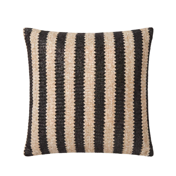 Front view of the Beach Stripe outdoor cushion showing its woven striped pattern in natural and black tones.