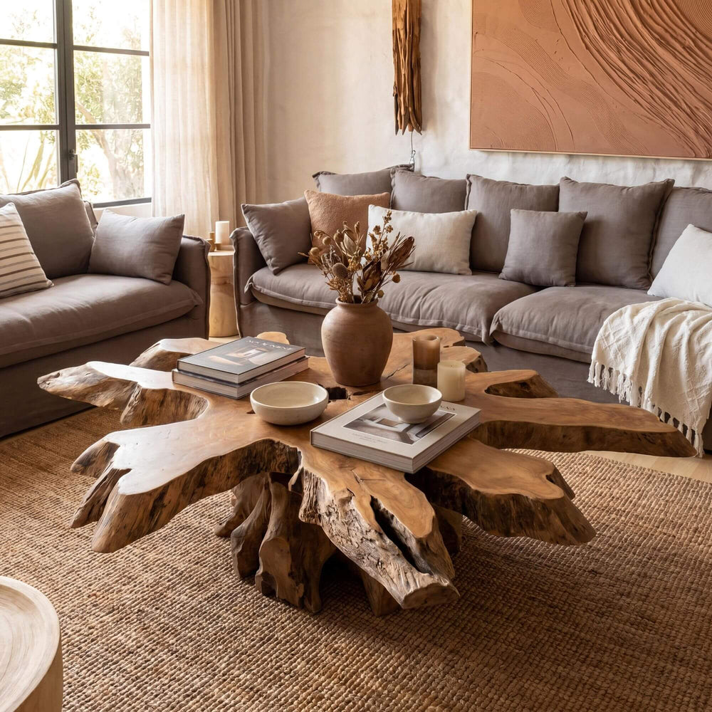 Styled living room setting featuring the Belitung coffee table as a statement piece in a warm natural interior.