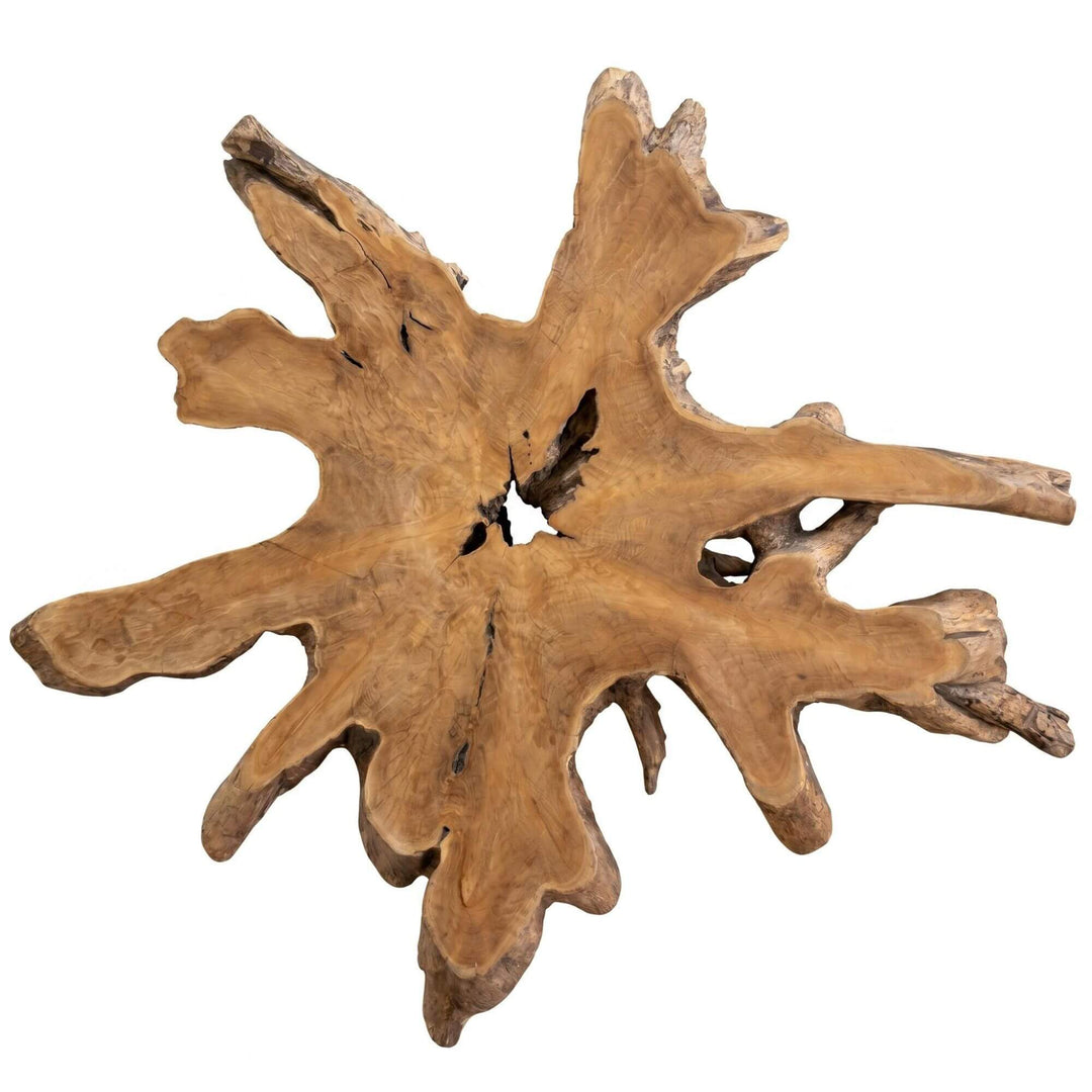 Top view of the Belitung table highlighting its irregular shape and expressive wood variation.