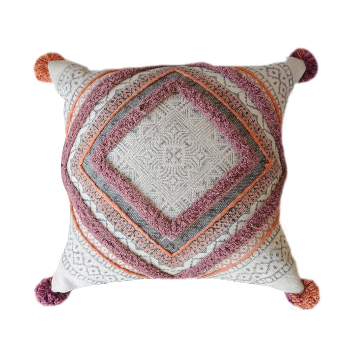 Bengala Cushion – detailed geometric cotton cushion with textured pattern and pom-pom corners
