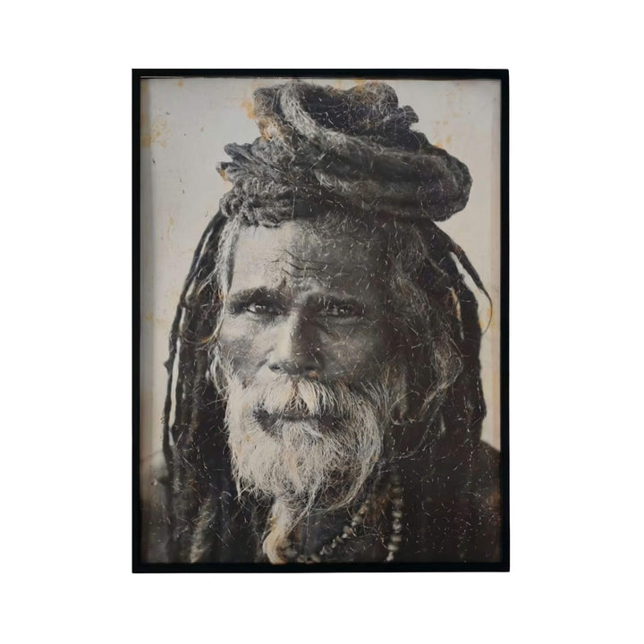 Front view of the Bengali Soul wall art showing a large portrait on textured canvas with a black frame.