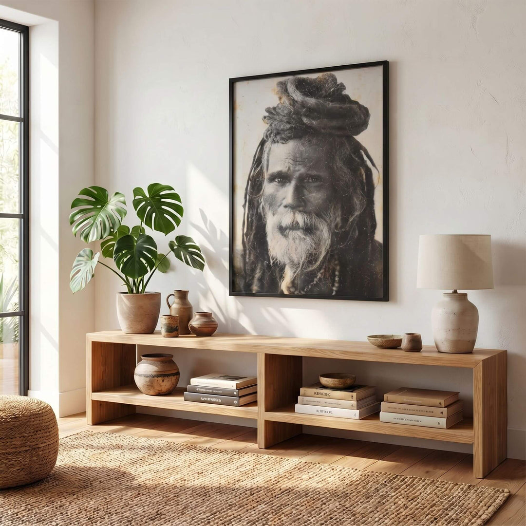 Styled interior setting featuring the Bengali Soul artwork displayed above a wooden console in a warm natural space.