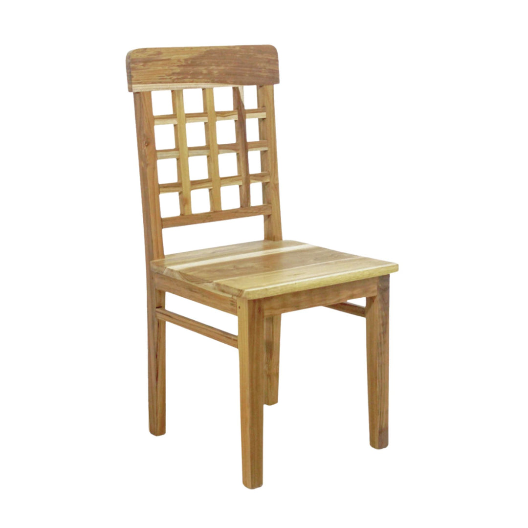 Angled view of handcrafted Bengkalis teak dining chair in natural teak wood