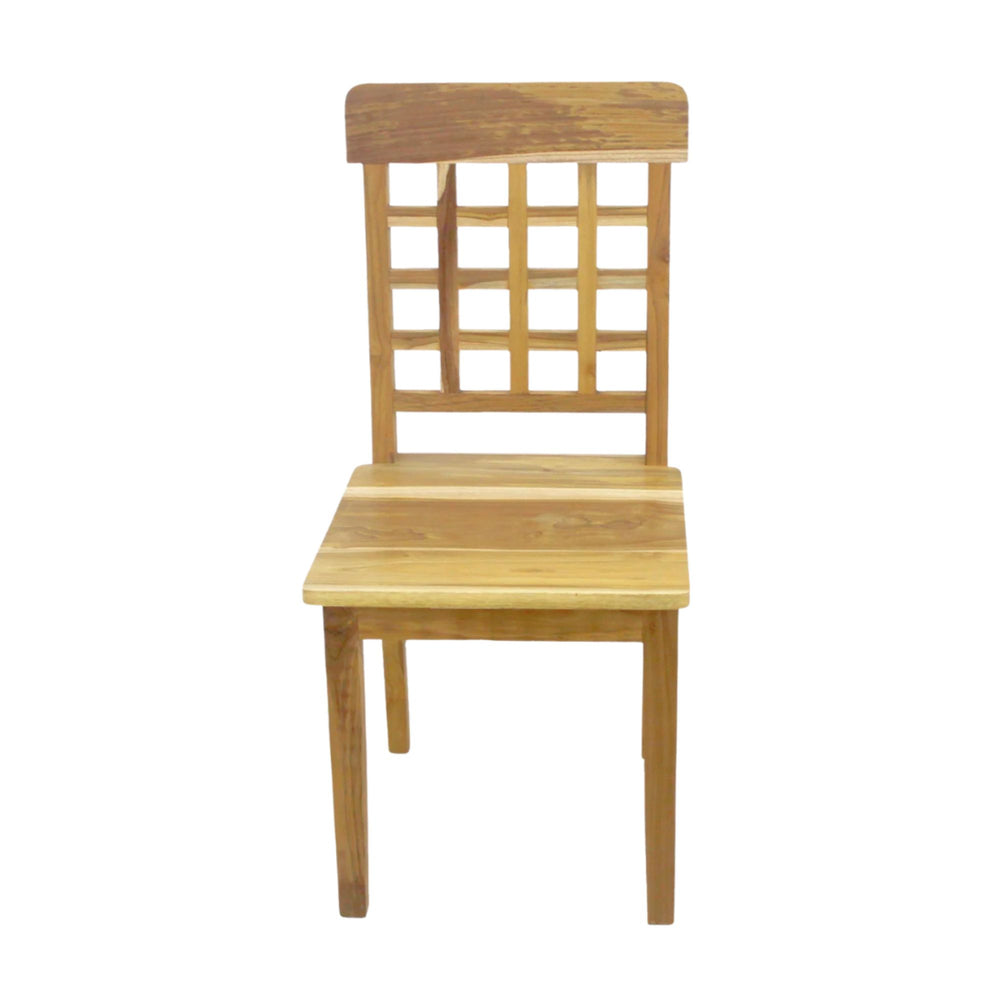 Front view of Bengkalis teak dining chair with lattice backrest