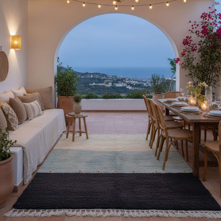 Outdoor living space featuring the Beni Ourain Rug next to a dining setup with soft lighting.