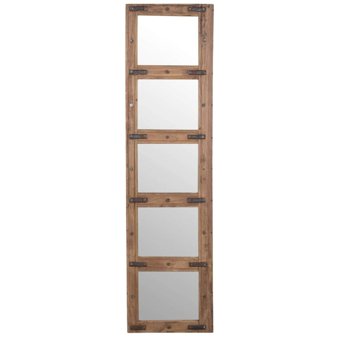 Front view of the 160 cm Bentaneil Mirror made of antique boat reclaimed wood and metal details.