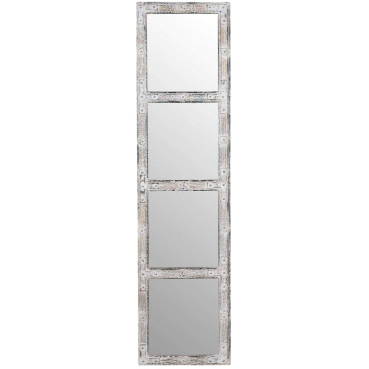 Full front view of tall Bentaneil Mirror White Wash with four mirrored panels.