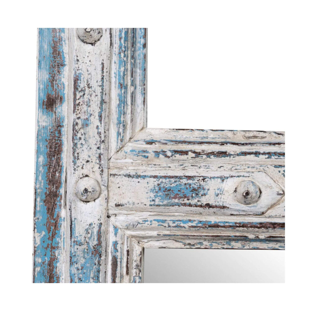 Close-up of Bentaneil Mirror White Wash showing distressed blue and white reclaimed boat wood frame.