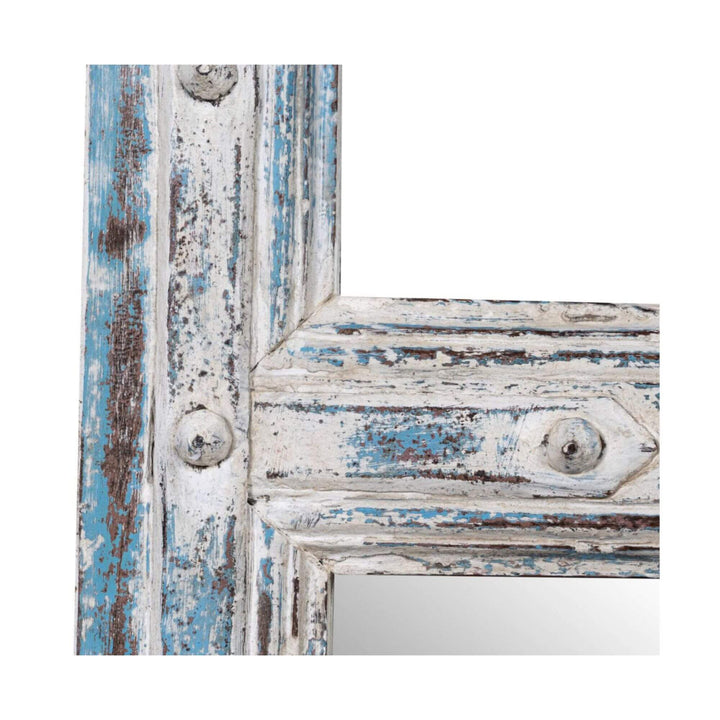 Close-up of Bentaneil Mirror White Wash showing distressed blue and white reclaimed boat wood frame.