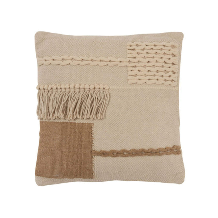 Front view of the Berlo Cushion showing its woven textures and decorative details.