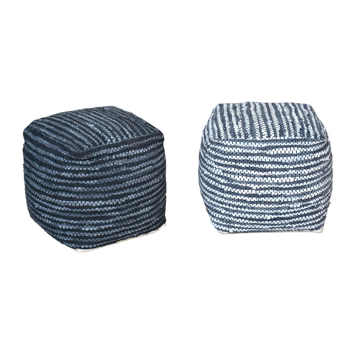 Pair of Bhoomi Puff leather puffs in contrasting charcoal striped designs.

