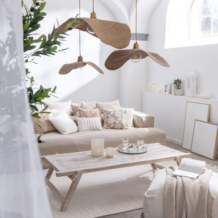 Styled living room with Bianca coffee table and light, airy décor